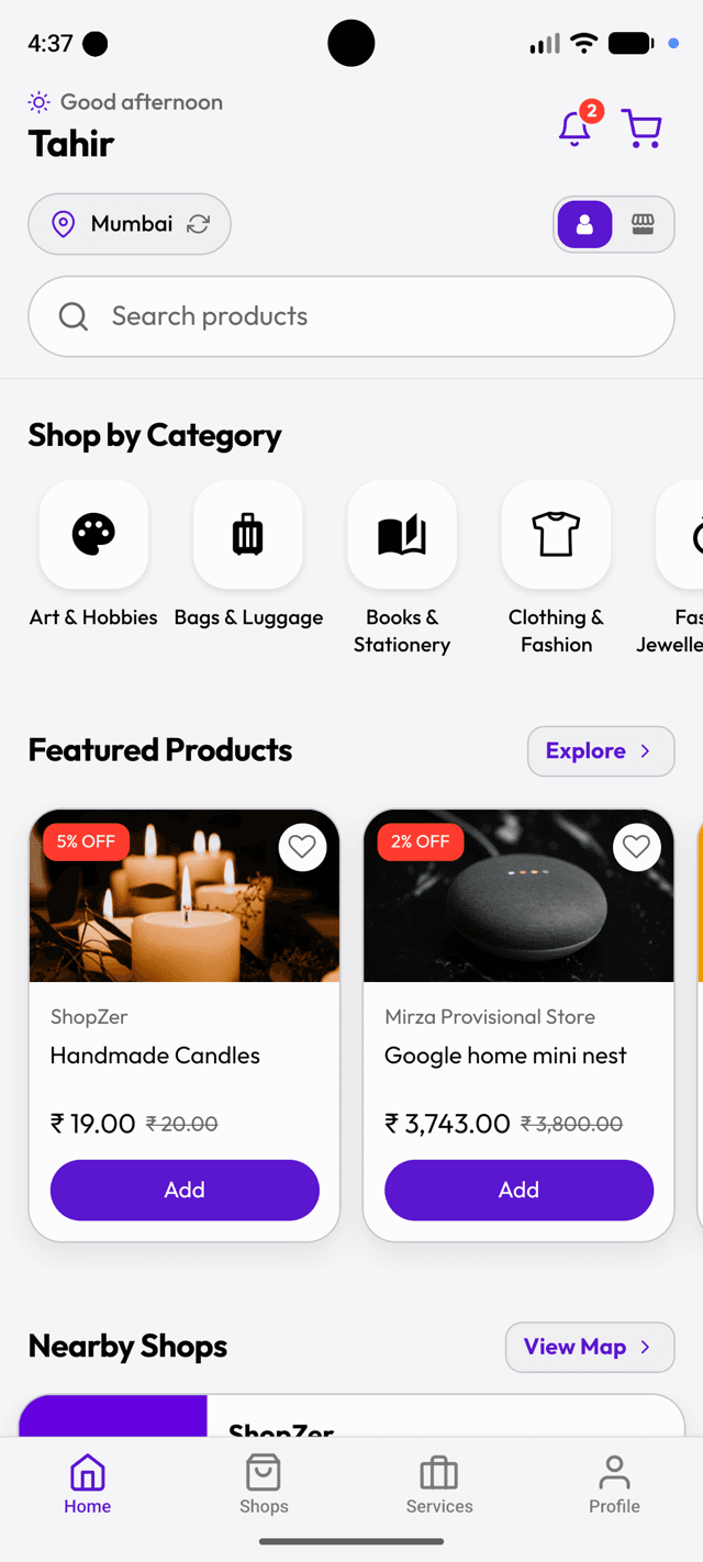 ShopZer home screen showing categories, featured products and nearby shops